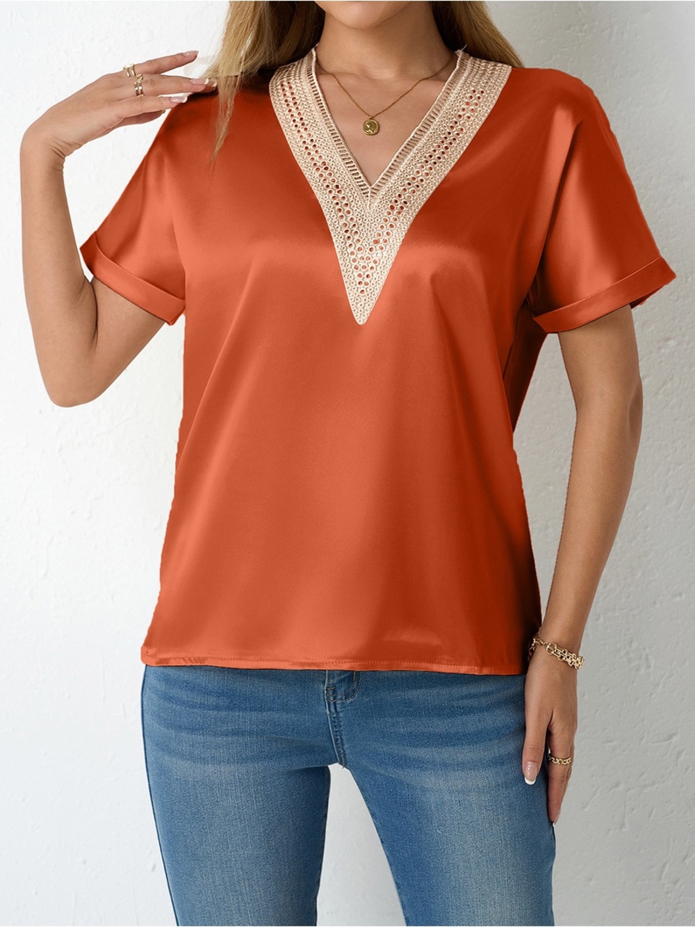 Chigant Short Sleeve V Neck Satin Blouse Dressy Casual Work Top